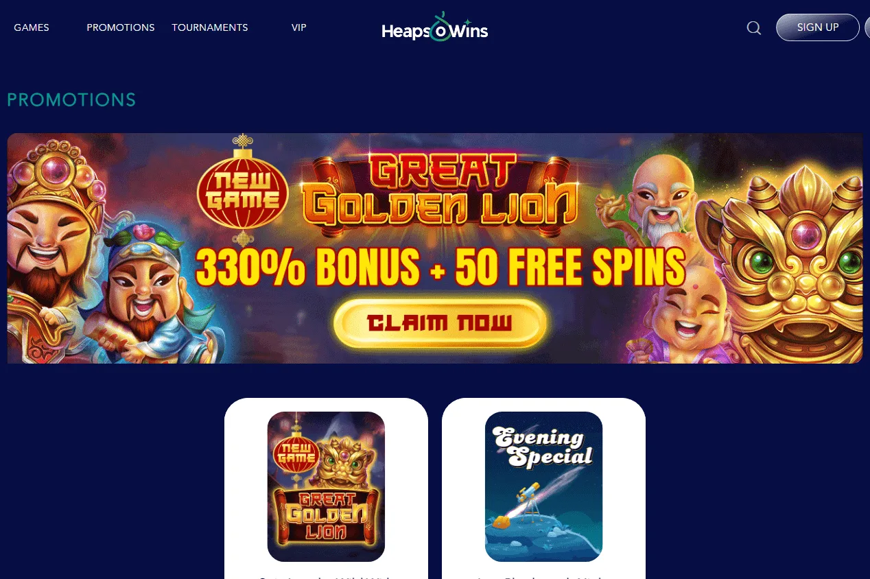 Heapsowins Casino desktop promotions screen