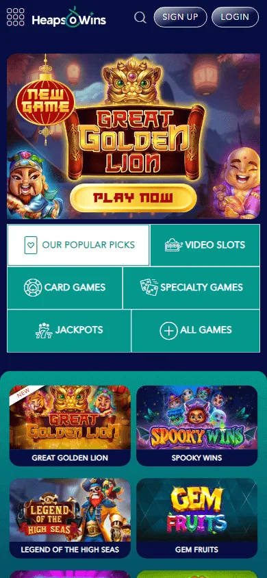 Heapsowins Casino mobile games screen