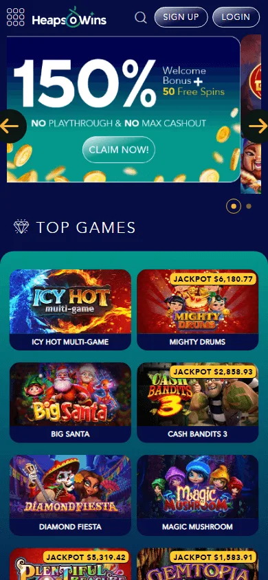 Heapsowins Casino mobile home screen
