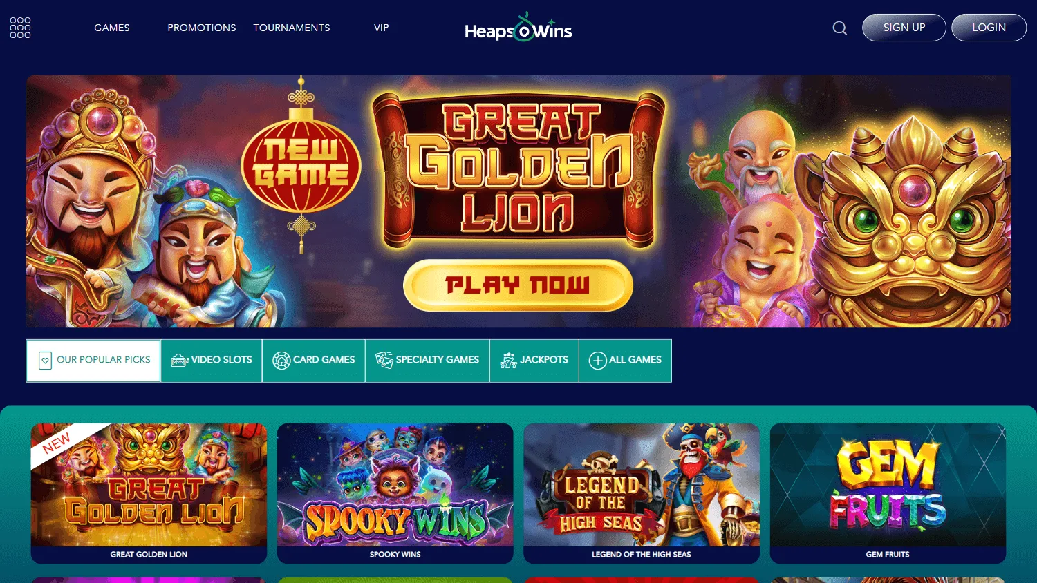 Heapsowins Casino desktop games screen