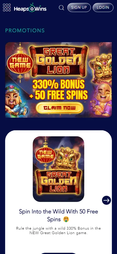 Heapsowins Casino mobile promotions screen