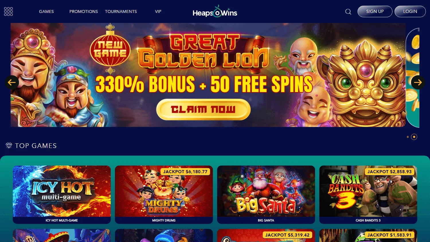 Heapsowins Casino desktop home screen